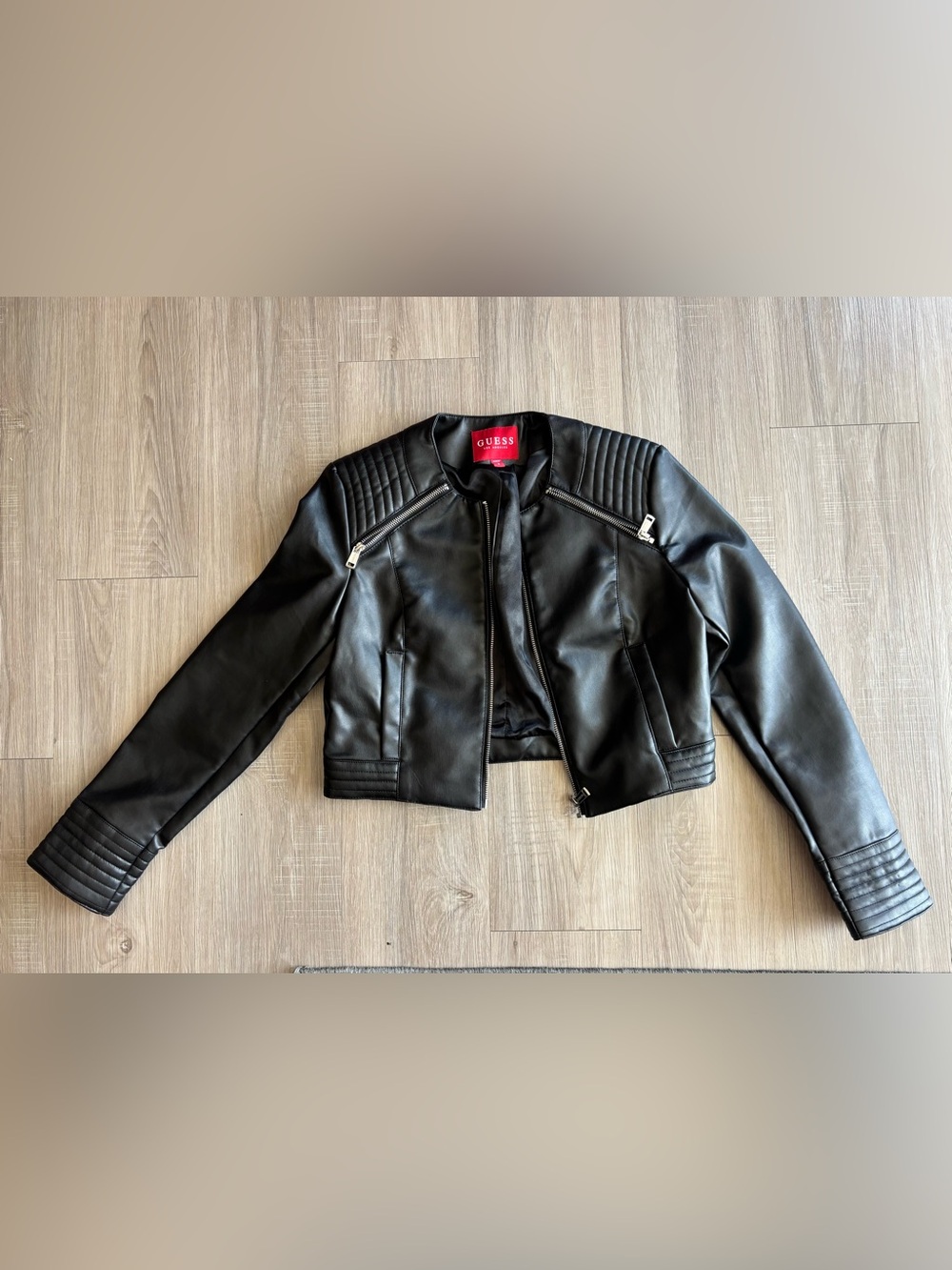 GUESS Black Faux Leather Quilted Shoulder Moto Jacket